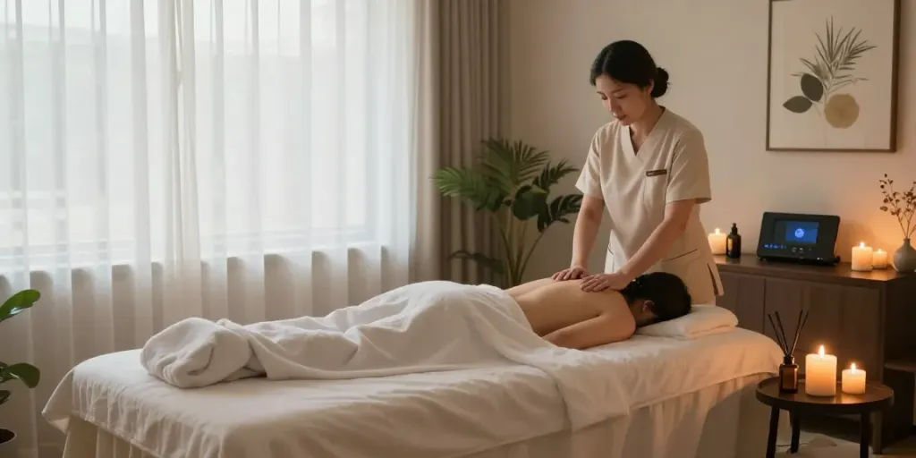 Experience the soothing 안양출장마사지 in a serene spa setting, with a massage table, candles, and ambient light.