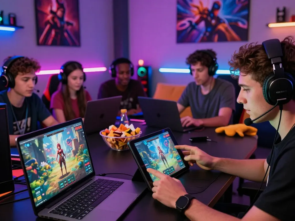 Engaging scene of diverse players enjoying xxx games on their devices in a lively gaming room atmosphere.