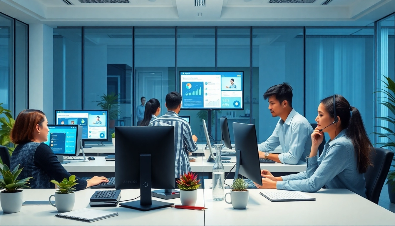 展示美洽 AI 客服平台的智能办公场景,客服代表高效协助客户。