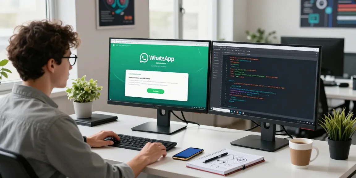 WhatsApp下載 process at a tech workspace with developer coding and applying app modifications.