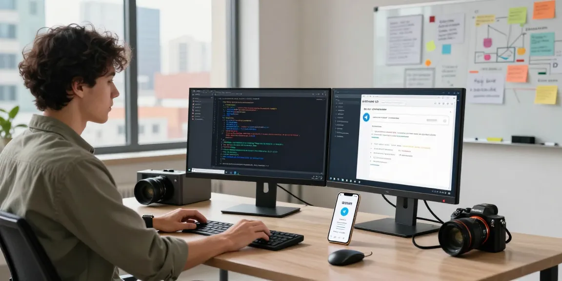Working professional engaging with the 纸飞机中文版官网 on multiple screens in a modern office setting.