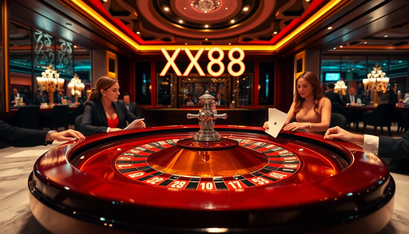 Experience the thrill at XX88 Casino with vibrant roulette gameplay and elegant players.