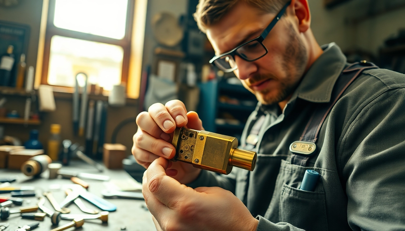 Skilled Durham locksmith repairing a traditional brass lock in a bright workshop.