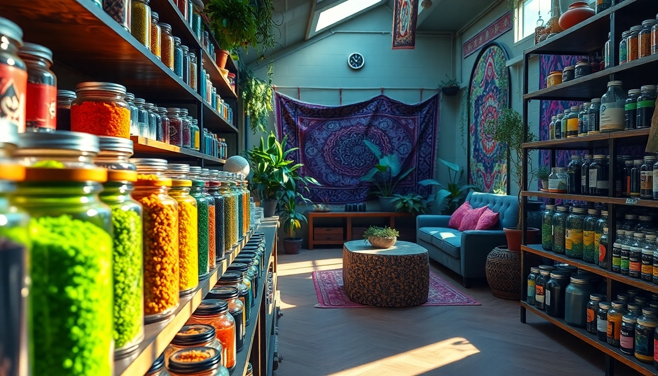 Psychedelicschemstore's vibrant display of psychedelic compounds in a welcoming shop atmosphere.