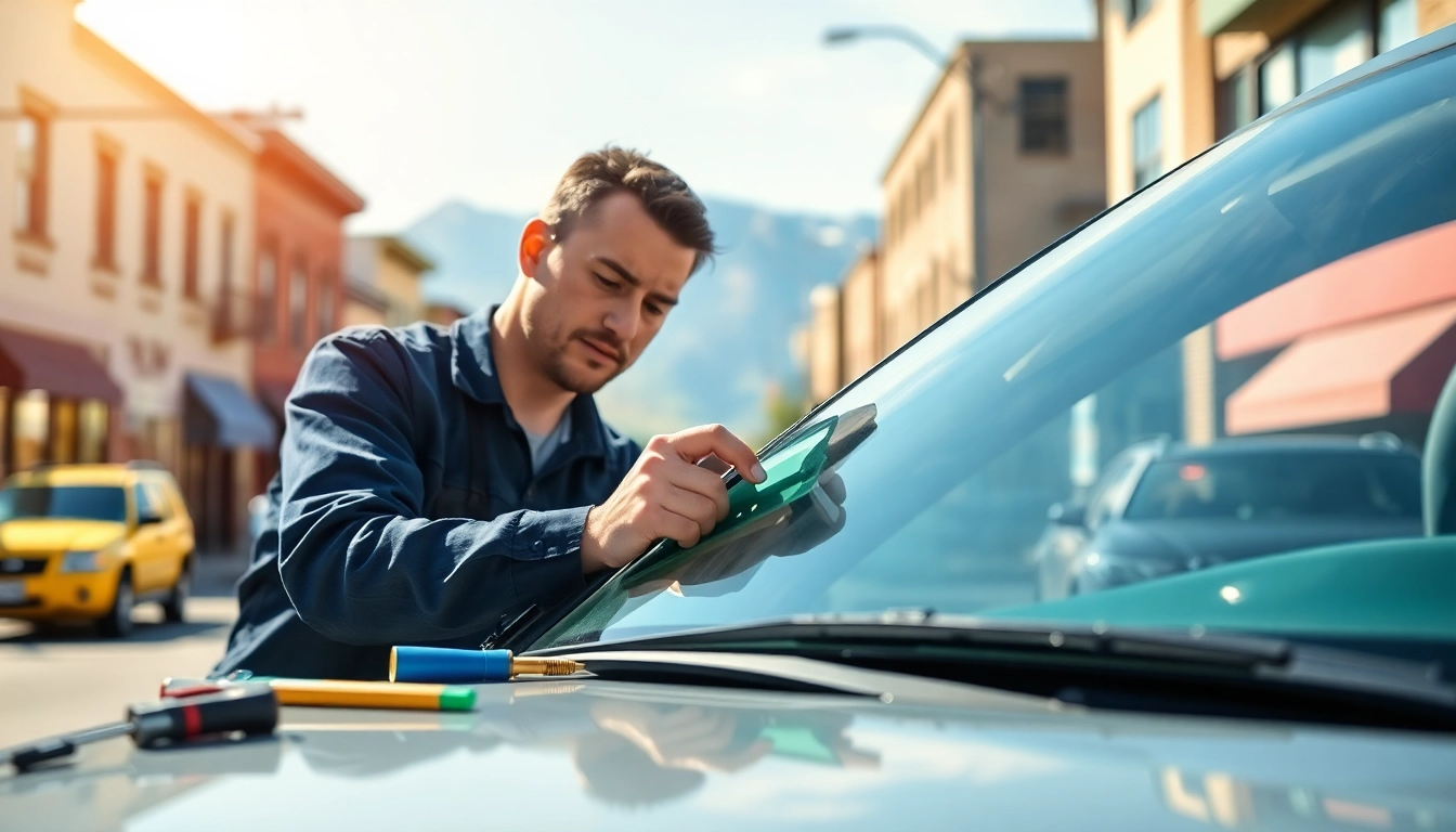 Mobile auto glass service Denver technician replacing a windshield in bright sunlight.