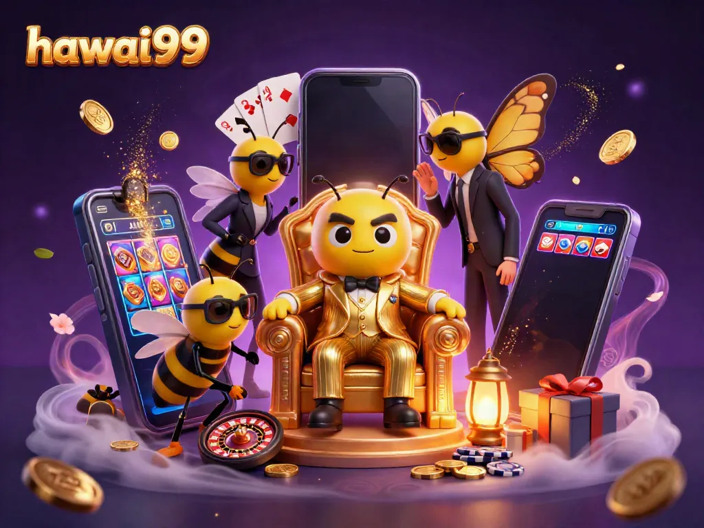 Engage in exciting gameplay at hawai99 with lively characters in a casino-inspired illustration.