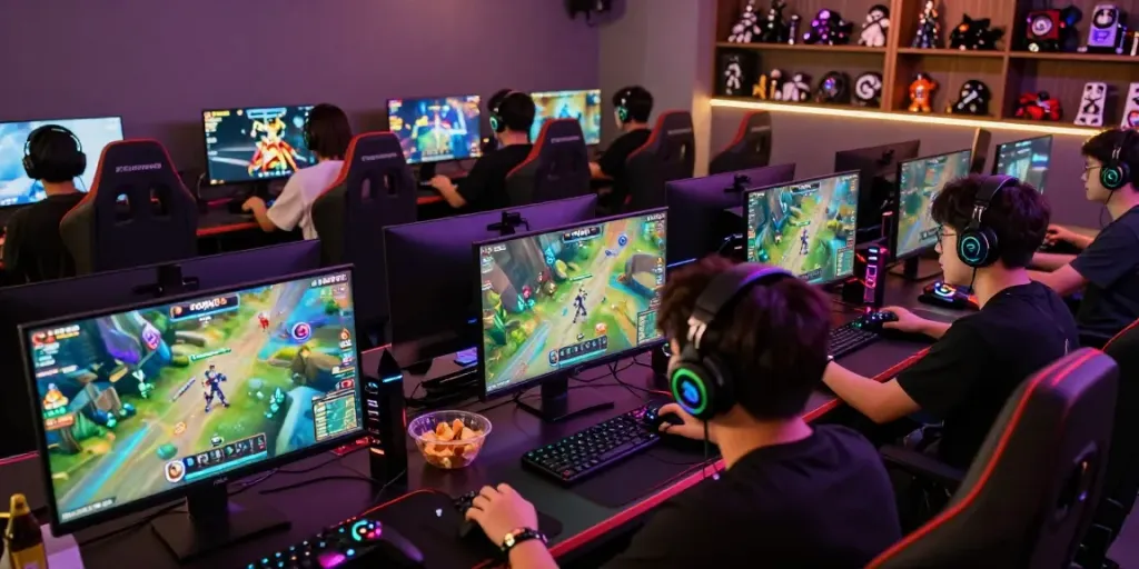 A vibrant scene of diverse gamers intensely playing rokok88 in a stylish gaming lounge, showcasing personalized setups and gaming gear.