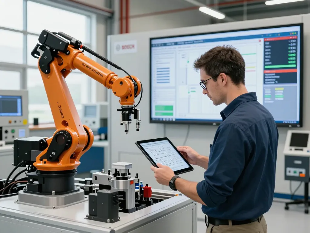 Engineer at Bosch Rexroth facility reviewing automation systems and machinery.