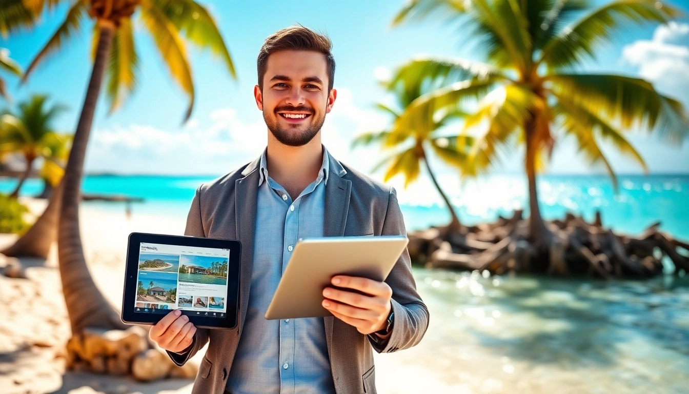 Dustin Rennie, a Belize Real Estate Agent, showcases properties on a beautiful beach in Ambergris Caye.