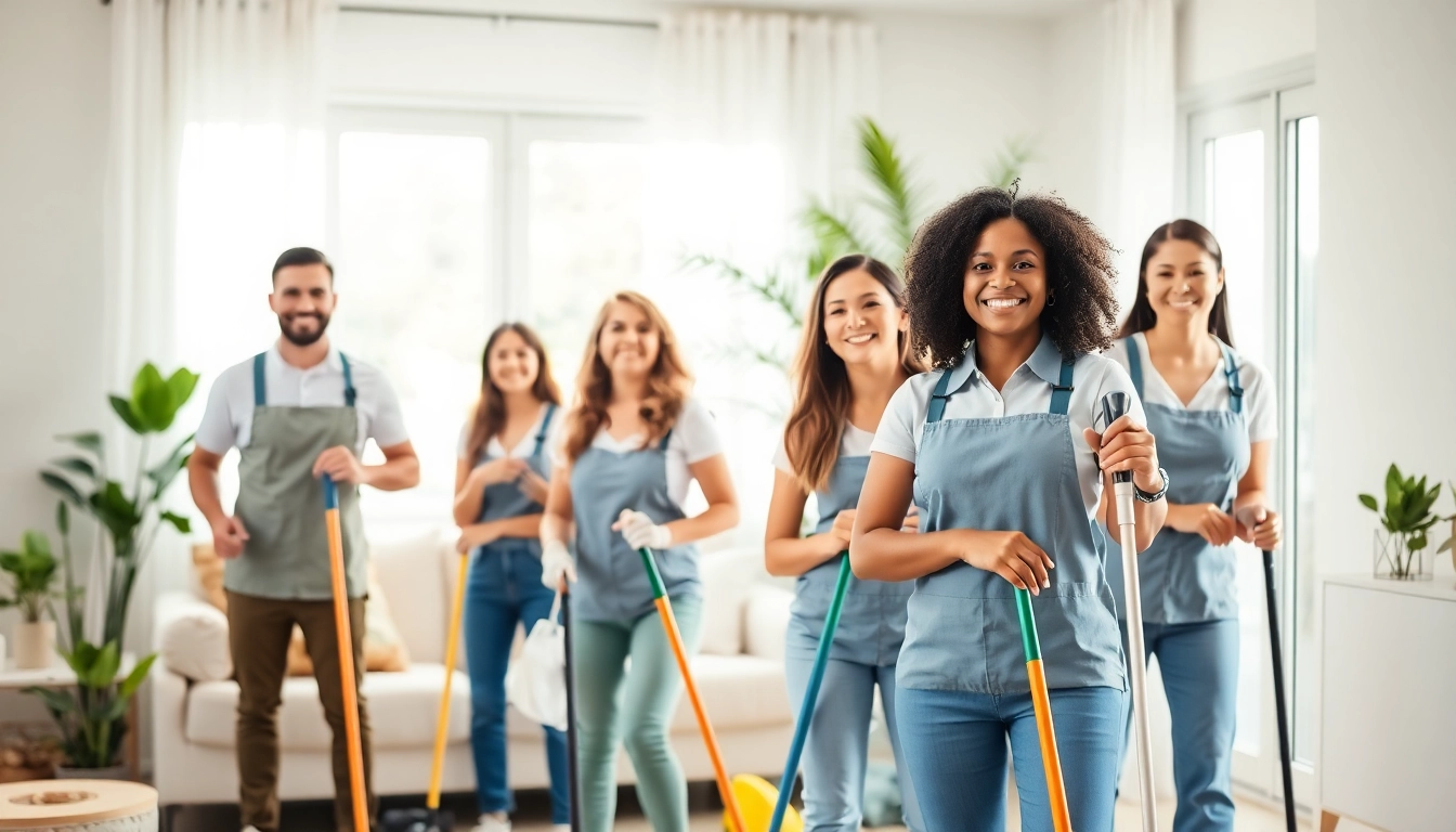 Cleaning service team efficiently collaborating in a bright home, showcasing professionalism and teamwork.