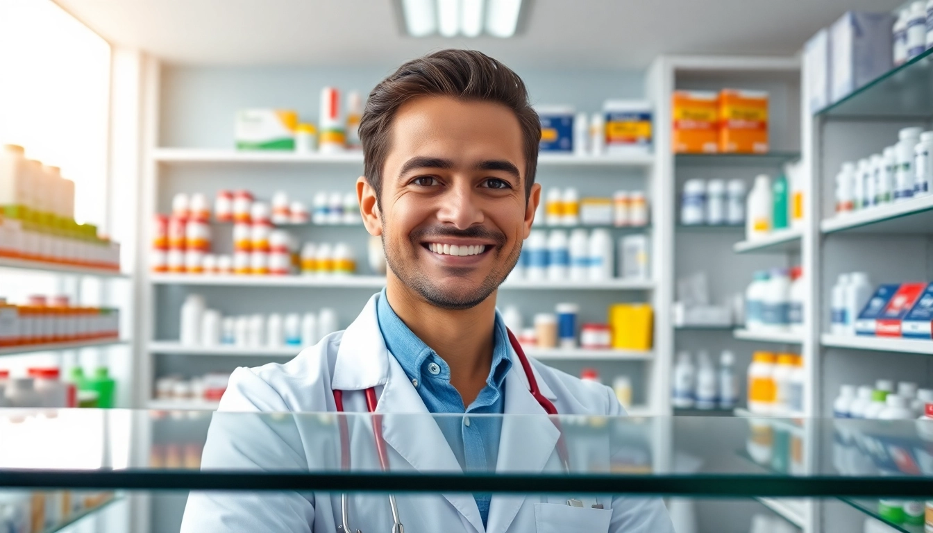 MediClick Pharmacy: Friendly pharmacist assisting customers in a bright, modern pharmacy.