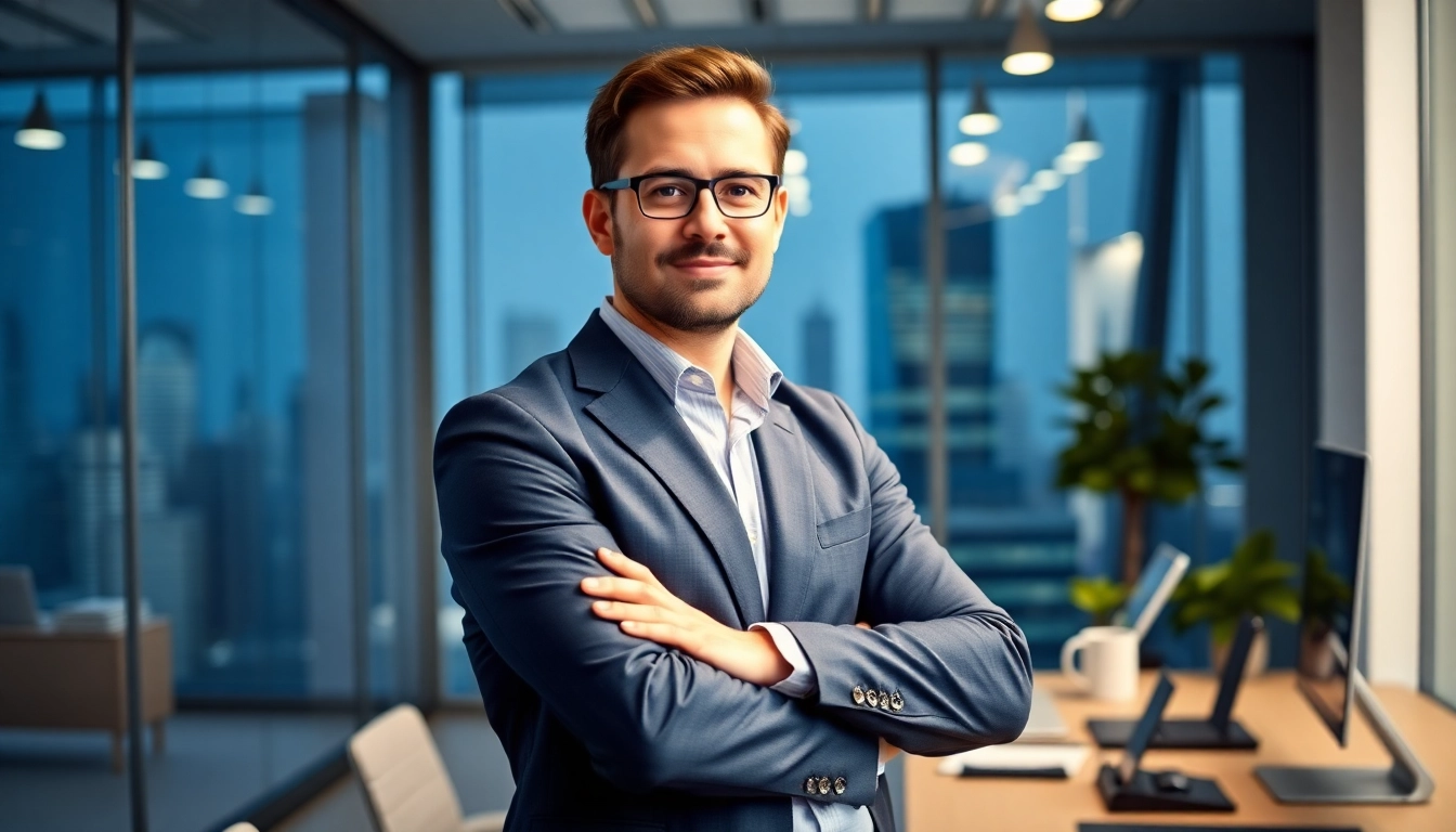 Dinis Guarda confidently standing in a modern office environment, showcasing innovative leadership.