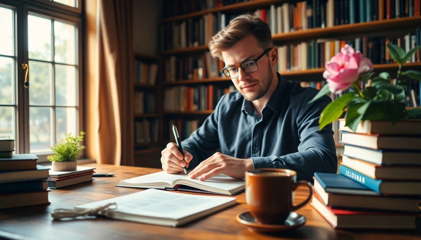 Author writing on a notepad, infused with creativity in a cozy library setting.