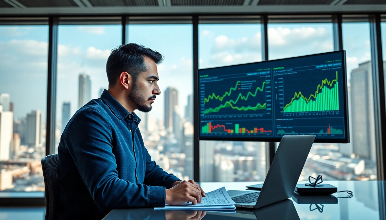 Crypto CFO analyzing financial data in a modern office setting with blockchain metrics.