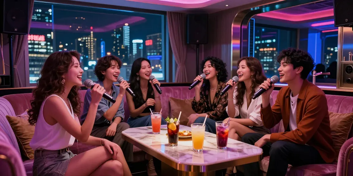 강남가라오케에서 친구들과 함께 즐기는 고급스럽고 화려한 분위기의 노래방 장면