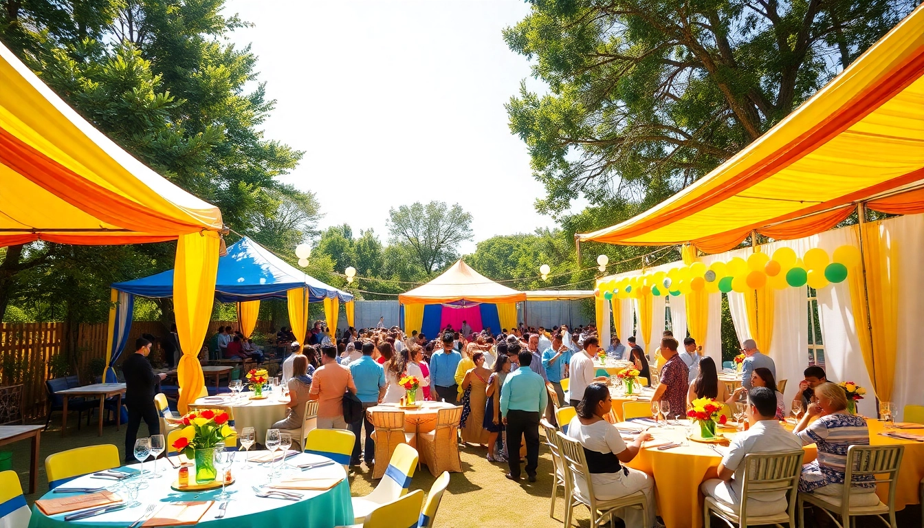 Set up for outdoor Party Rentals highlighting vibrant tents, tables, and celebrations.