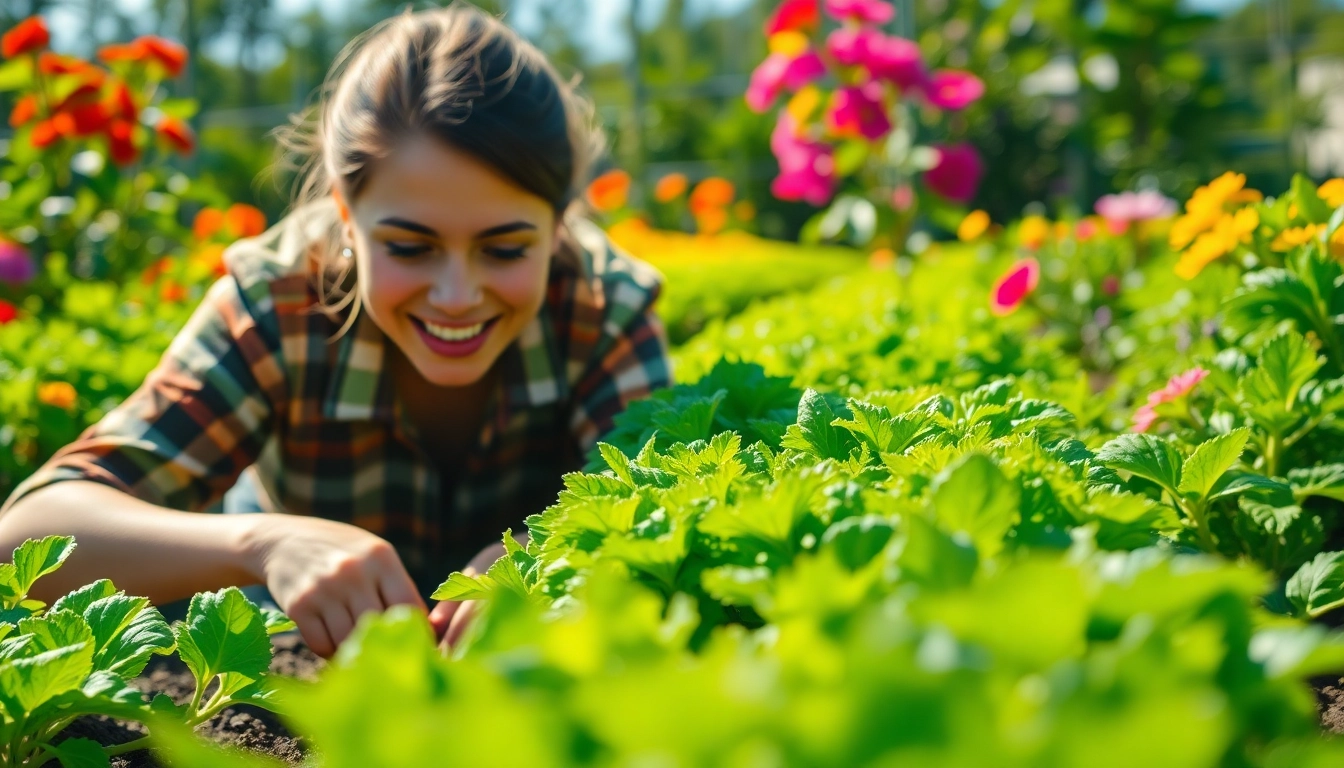 Gardening experience in a vibrant vegetable garden with lush plants and flowers.