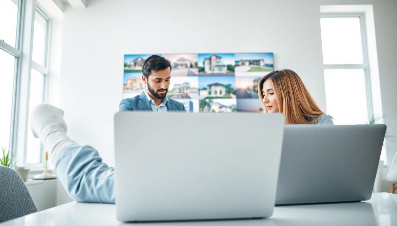 Engaging real estate agent assisting clients with property listings in a professional setting.