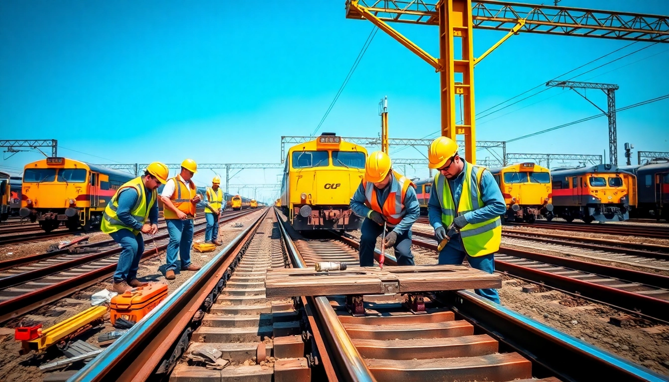Emergency Railroad Repair Services team repairing tracks in a busy train yard with safety gear.