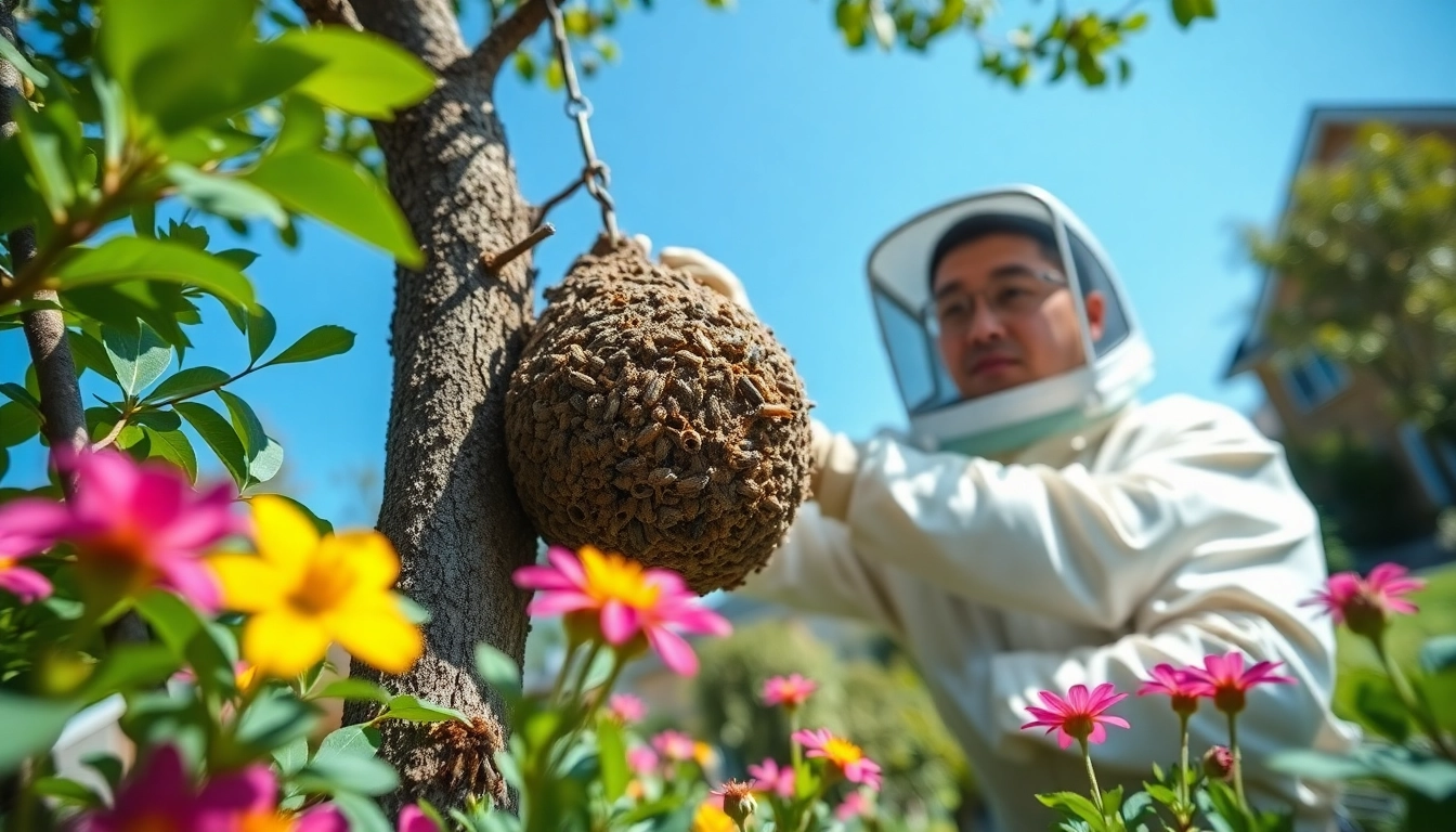 Expertly performing a bee removal service in a serene garden setting with vibrant flowers.