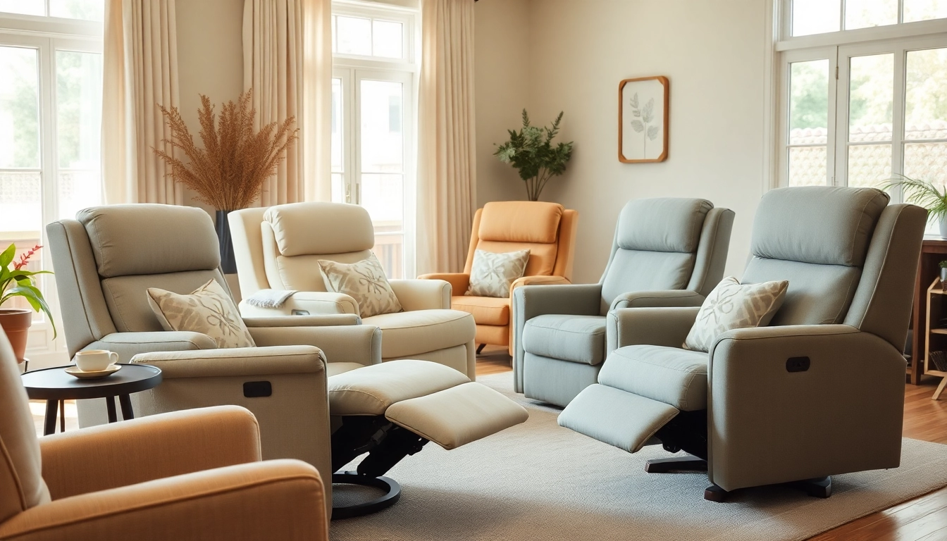 Comfortable lift chairs arranged in a bright living room, showcasing various styles and colors.