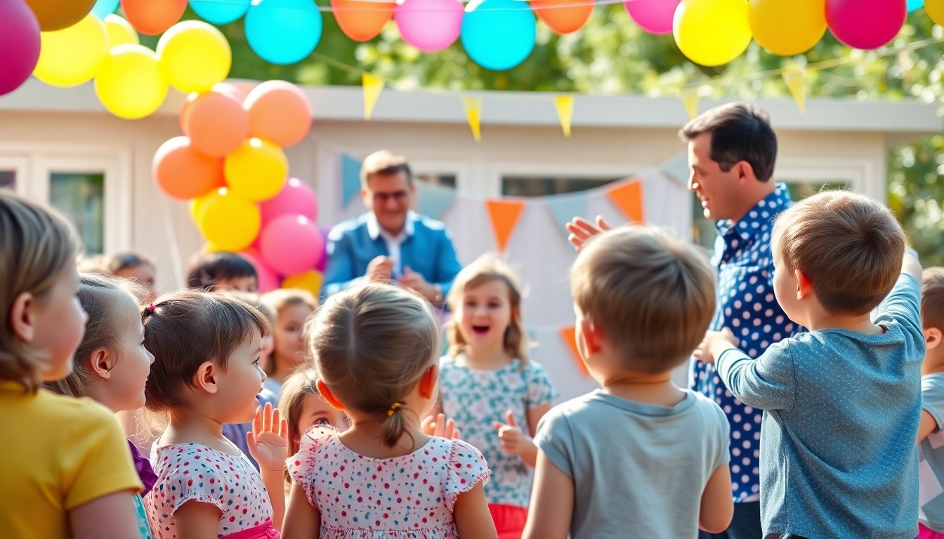 Birthday party entertainers captivating children with magic tricks at a vibrant outdoor celebration.