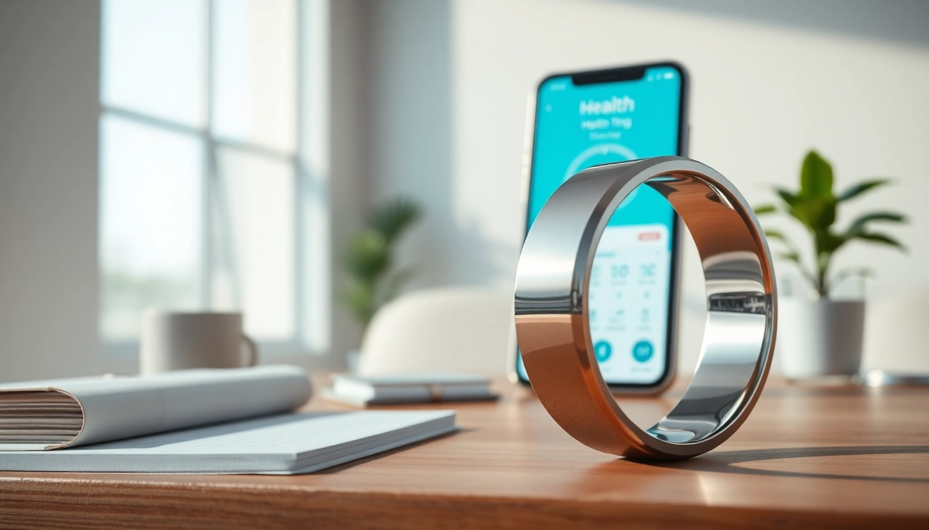 Showcase health ring highlighting its sleek design and health features in a modern setting.