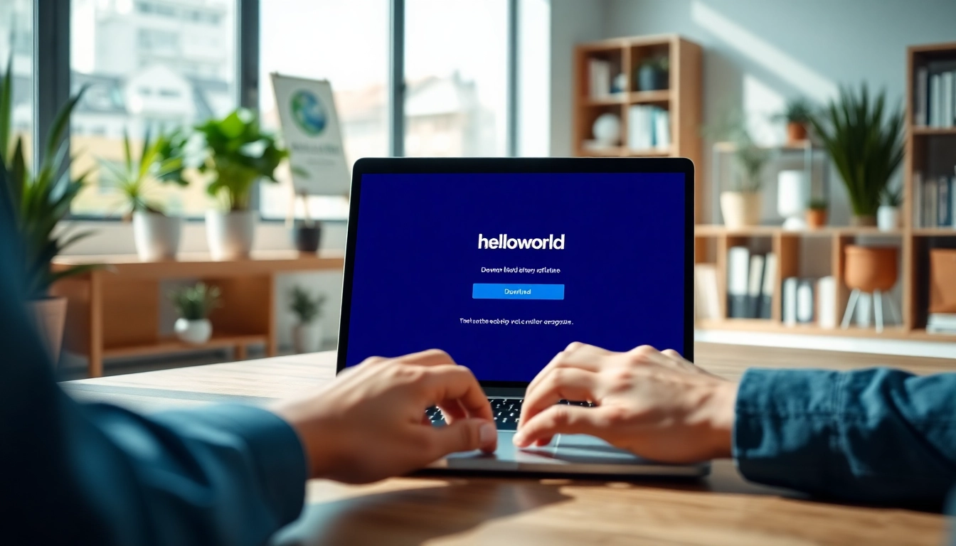Download Helloworld software on a sleek laptop in a bright office environment.