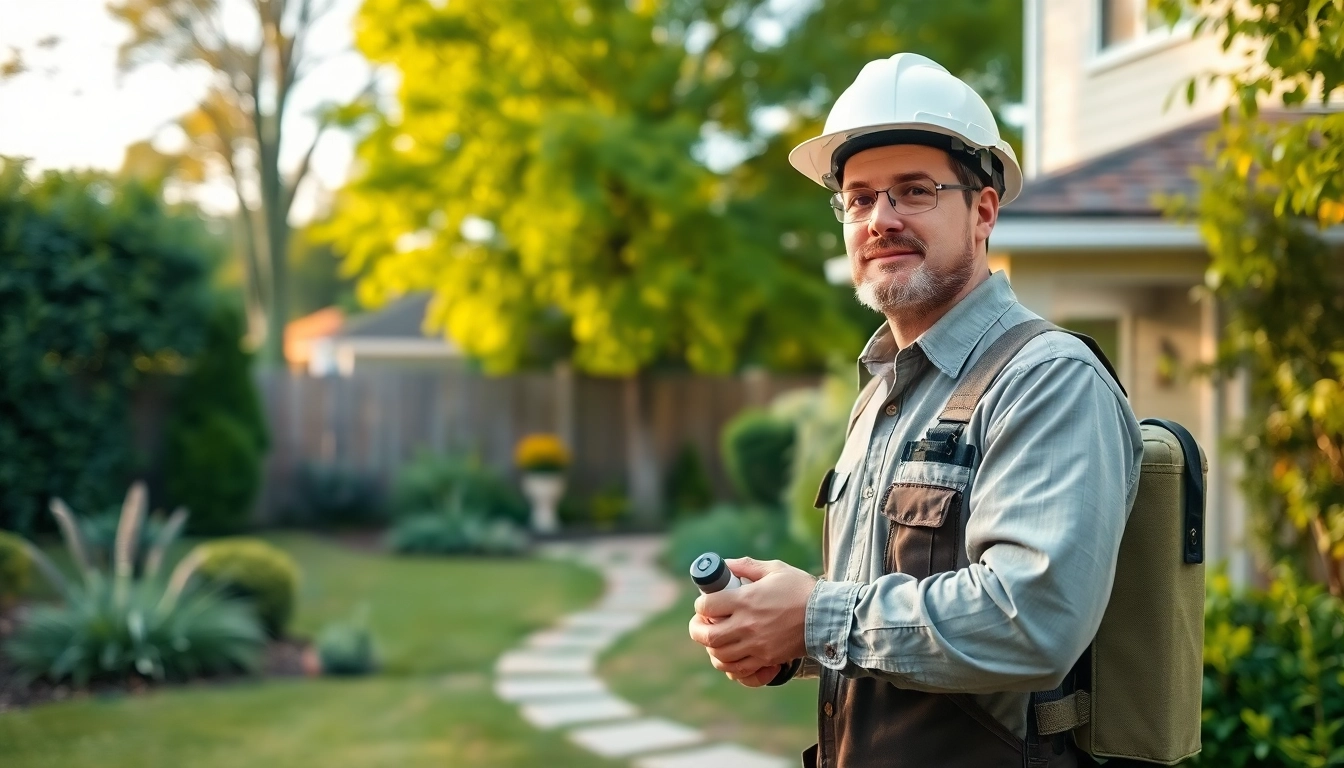Assessing pest problems with a professional exterminator near me in a clean suburban setting.