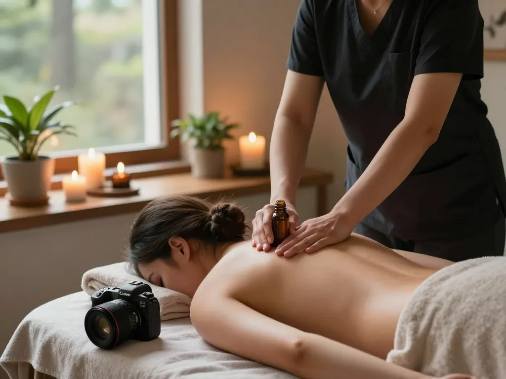 Indulge in 동대문스웨디시 at a tranquil wellness spa with serene massage setup and calming decor.