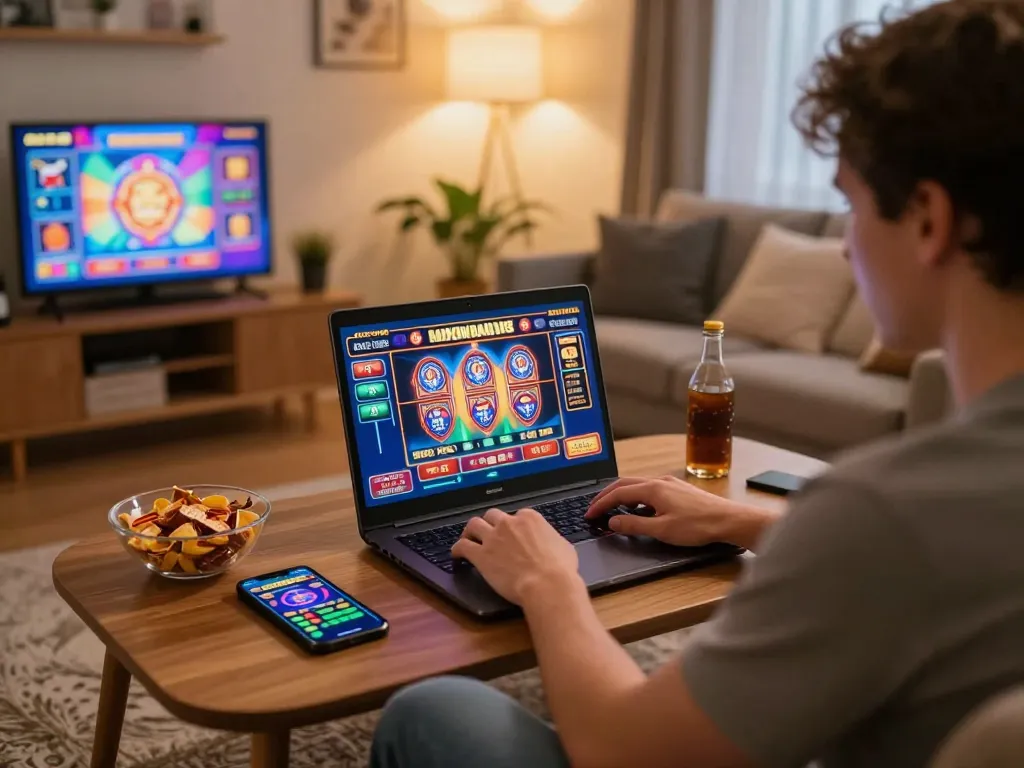 Player engaging in thrilling online gaming experience with Sunwin slot game on laptop.