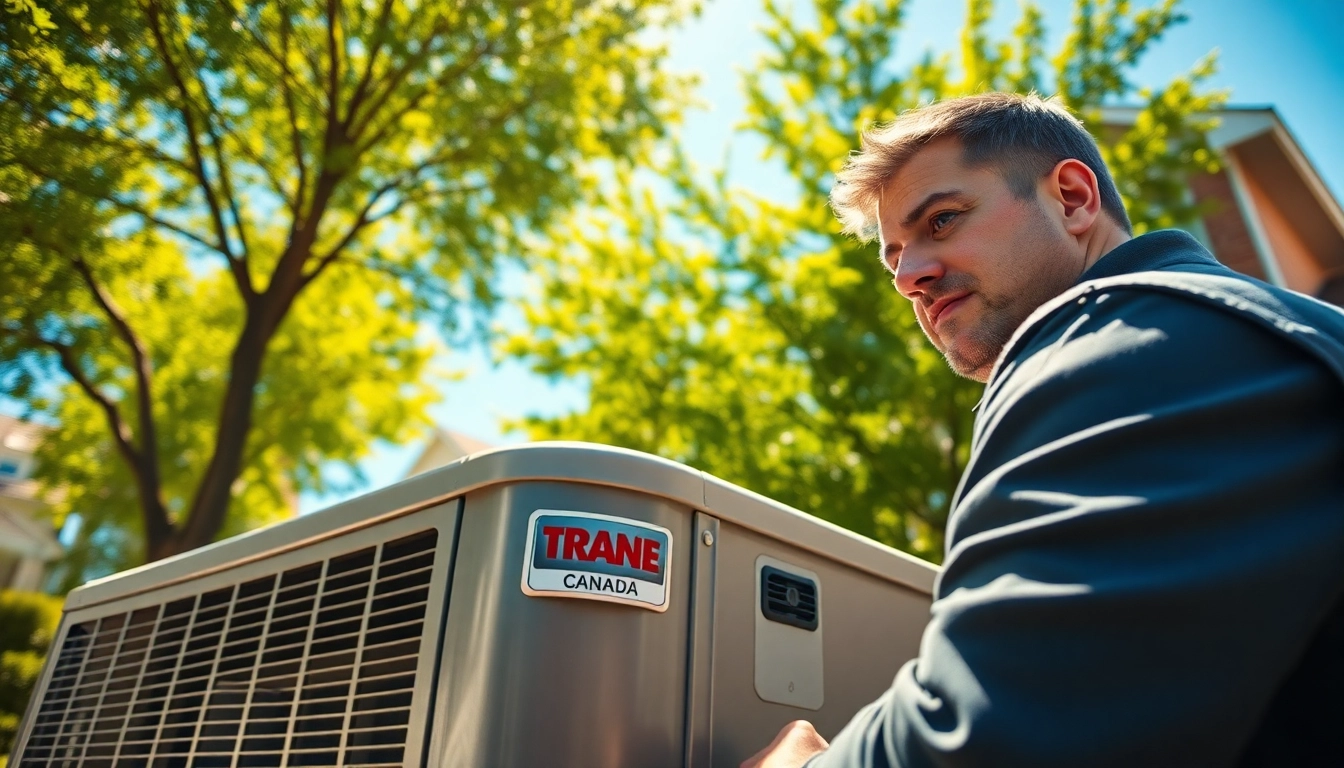 HVAC technician servicing a Trane Canada air conditioning unit outdoors.