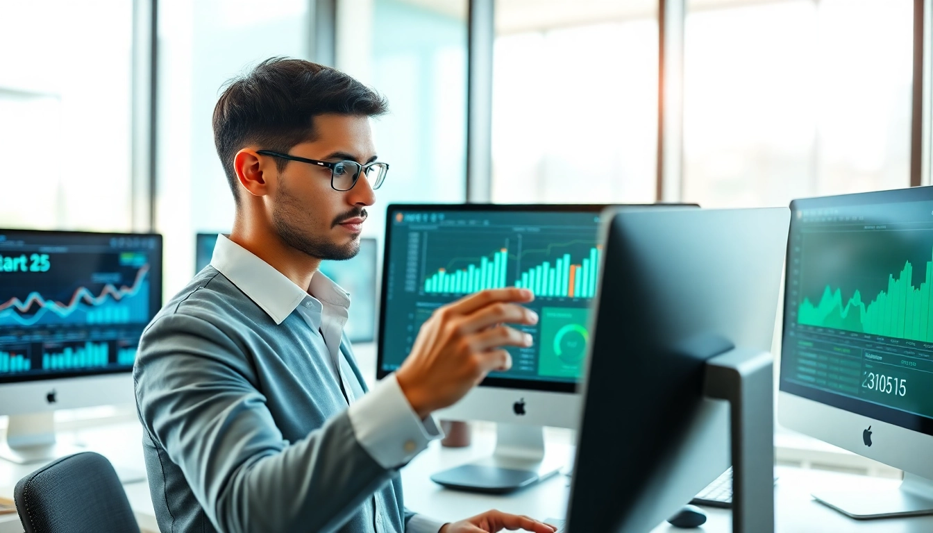 Business professional visualizing analytics using a content tracking tool on multiple screens.