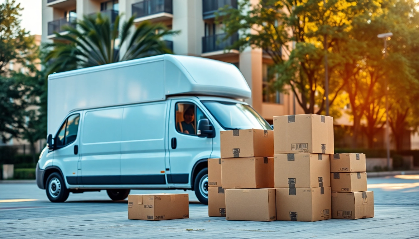 Moving Company van delivering boxes to a modern home, showcasing reliability and professionalism.