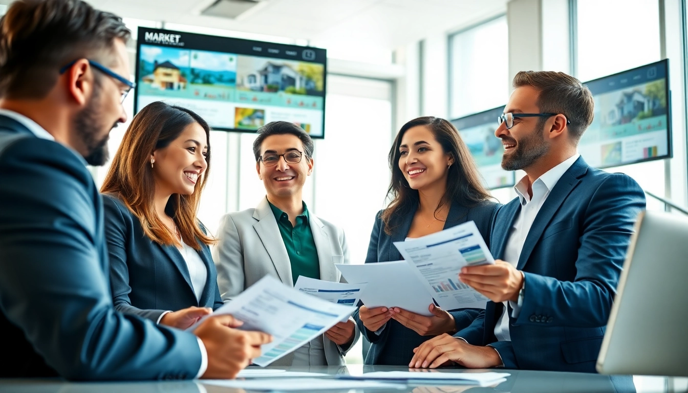Real Estate agents collaborating in a modern office, showcasing market analysis and enthusiasm.