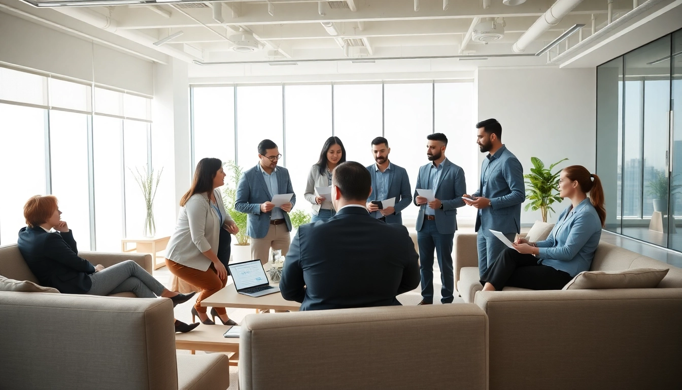 Engaging business team collaborating in a modern workspace, showcasing effective strategies.