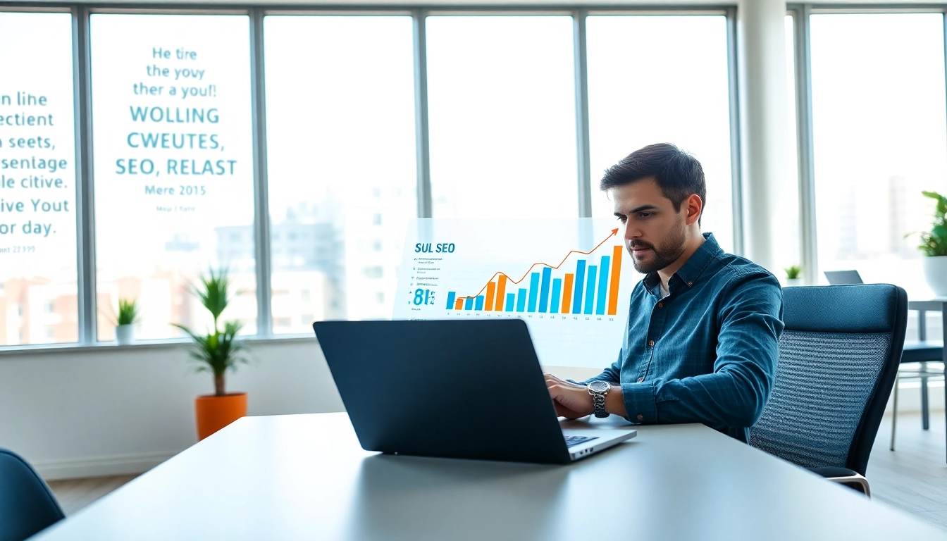 SEO specialist Auckland collaborating in a modern office with growth charts on display.
