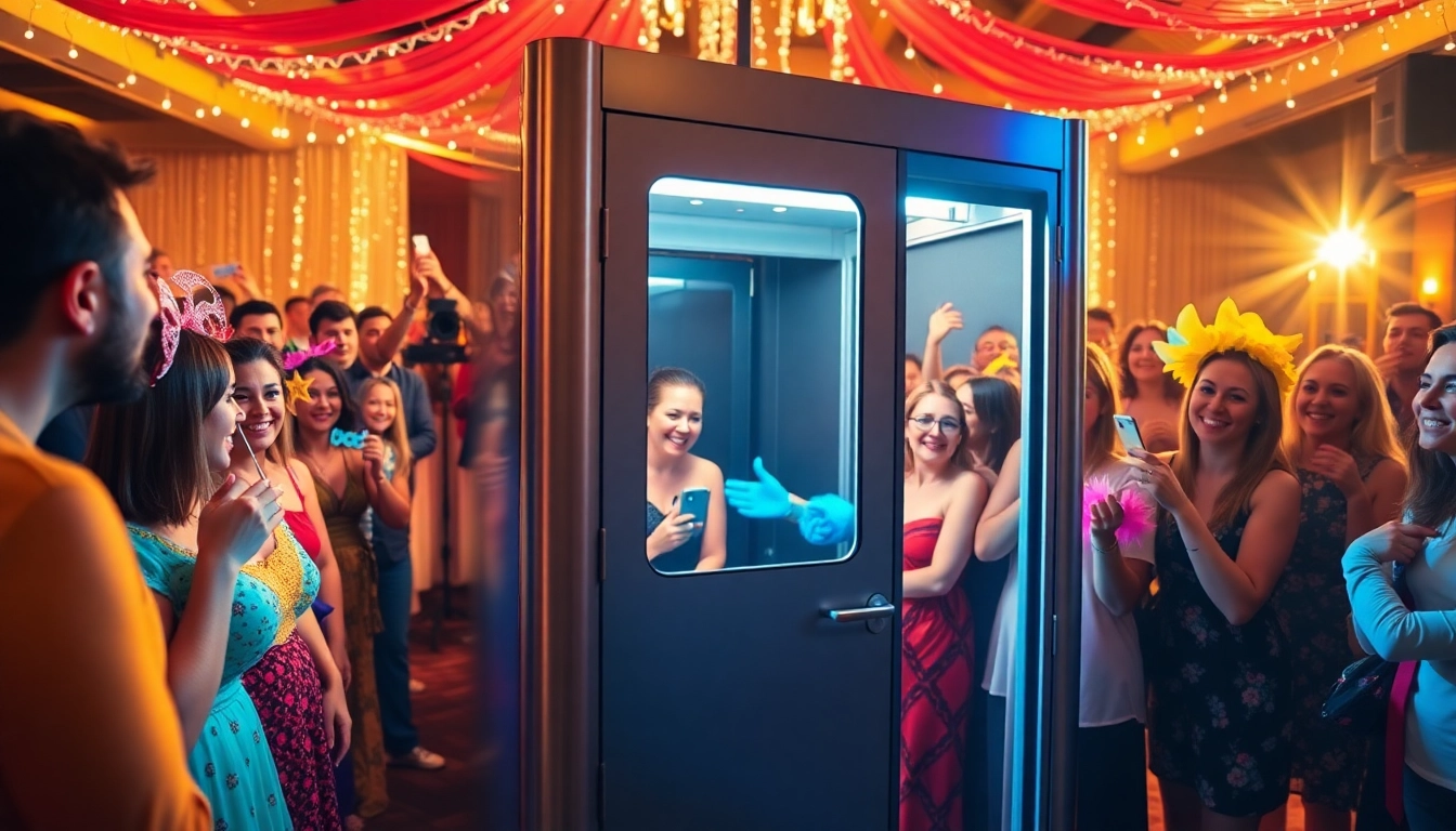 Guests enjoying a fun moment at a photo booth rental during a party.