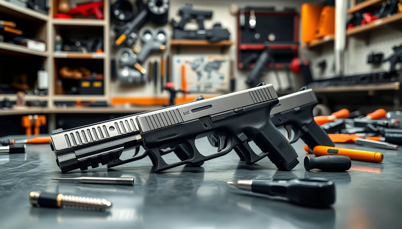 Showcasing glock slides with detailed craftsmanship and precision tools in a bright workshop setting.