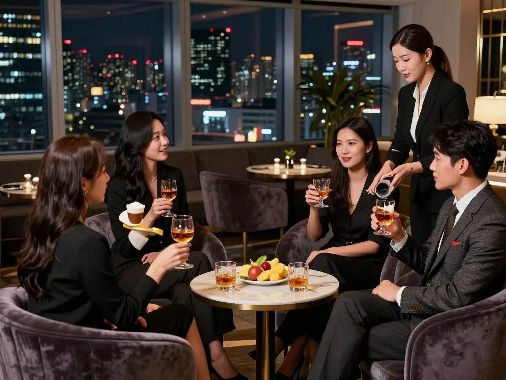 Guests enjoying the luxury atmosphere at 강남쩜오 bar with premium drinks and sophisticated service.