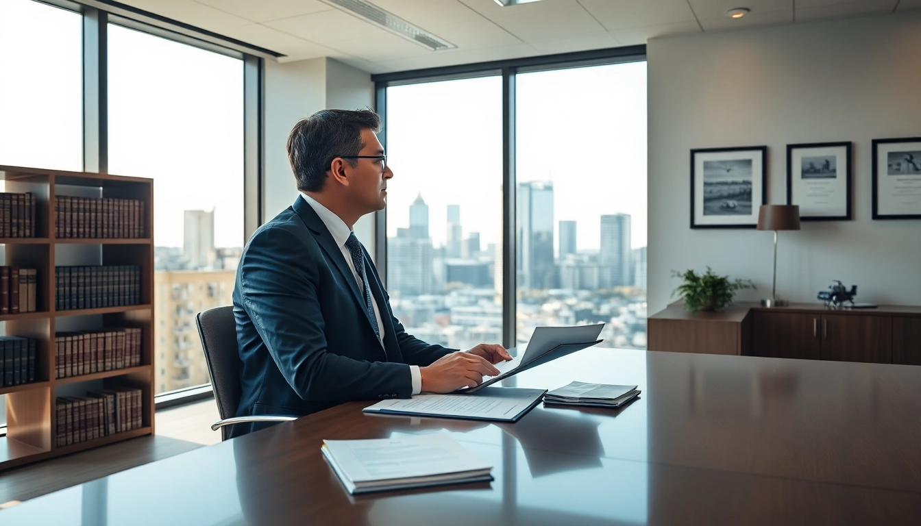 Inspiring Alexandria Personal Injury Lawyer consulting with a client in a modern legal office.