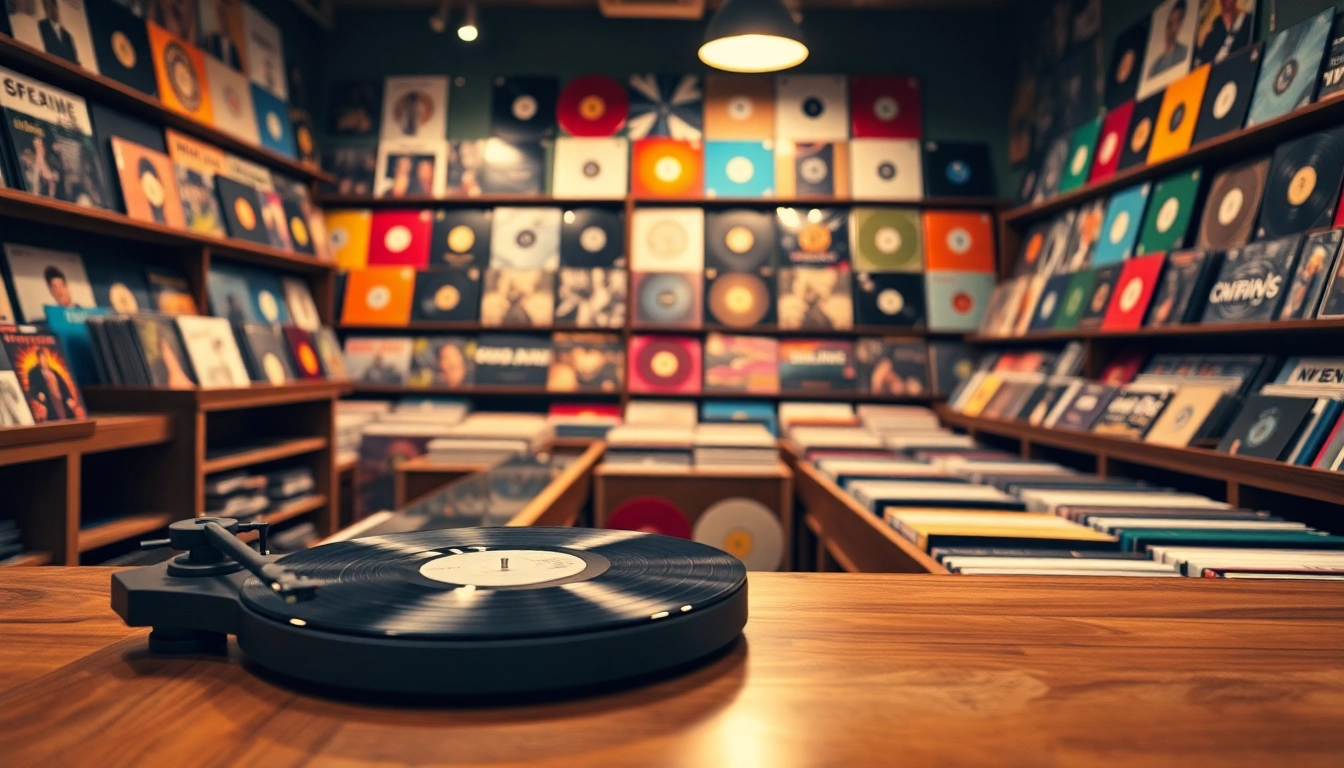 Browse colorful vinyl records at a cozy store with a vintage atmosphere.