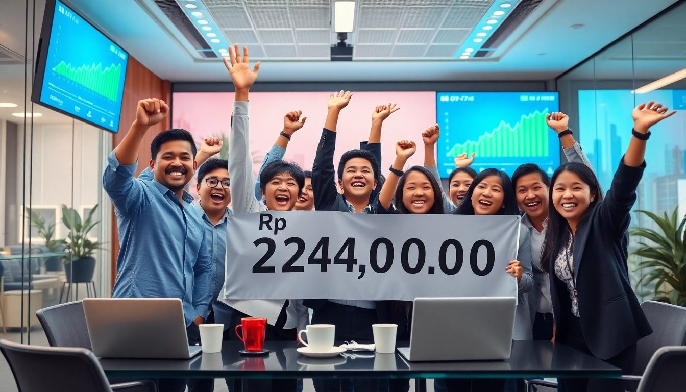Celebration of financial success with BOX138 showcasing professionals during a successful withdrawal.