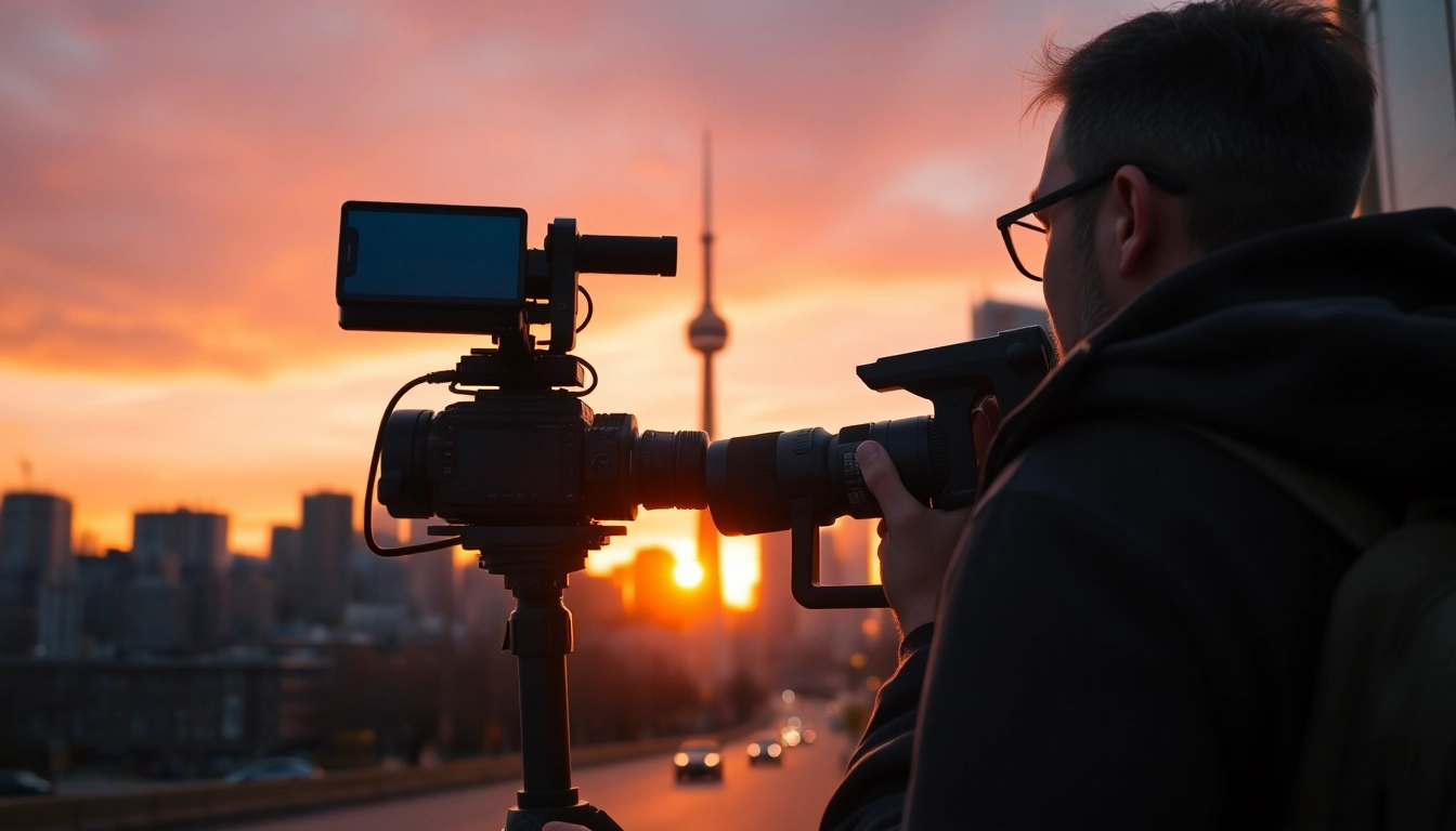 Capturing Toronto videography with a professional videographer against the city skyline at sunset.