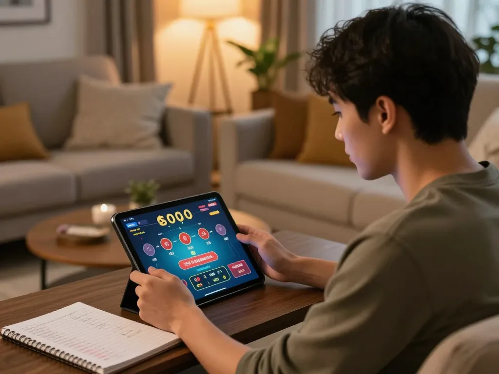 Player engaged with vuabet88 online casino game on tablet in a cozy living room