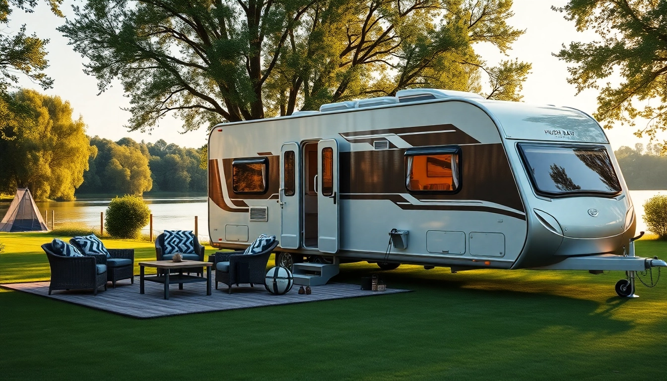 Experience the beauty of Hugh Daly Caravans parked in a scenic outdoor campsite.