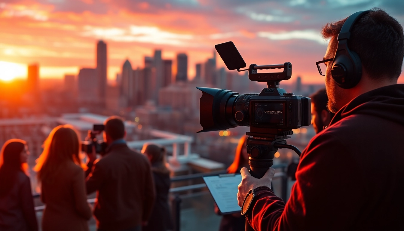 Creative team collaborating in a cinematic setup, showcasing Video Production Company Calgary in action.
