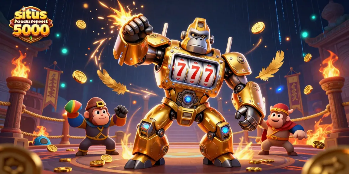 Engage in the thrill of gaming with situs deposit 5000, featuring vibrant scenes of golden gorilla mech and slot elements.