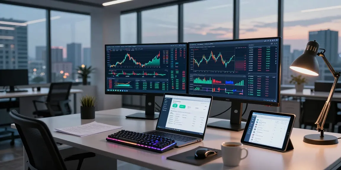 Cloud mining without hardware showcased in a professional cryptocurrency trading workspace with multiple screens analyzing market trends and DeFi protocols.
