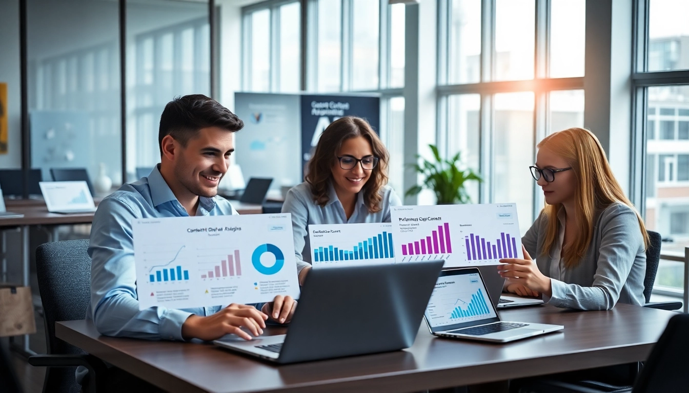 Conducting a Content Gap Analysis with data charts in a professional office environment.